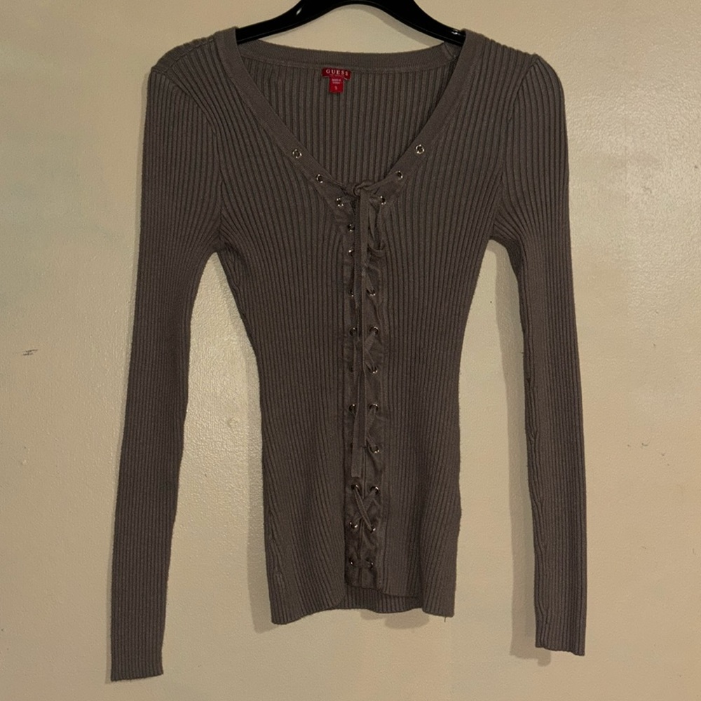 GUESS Long Sleeve Lace Up Sweater